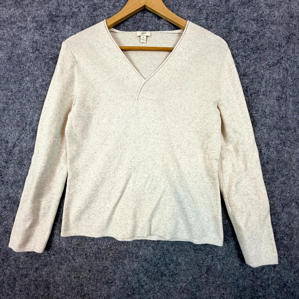 J. Jill Sweater‎ Womens Medium Beige Cotton Tight Knit V-Neck Pullover Outdoor